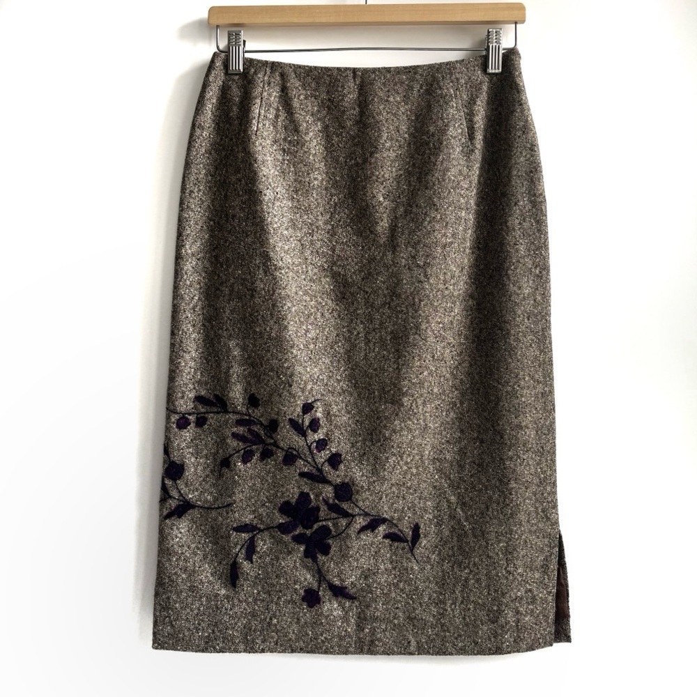 Iceberg Wool Cashmere Pencil Skirt With Purple Floral Embroidered Brown Sz 40/M